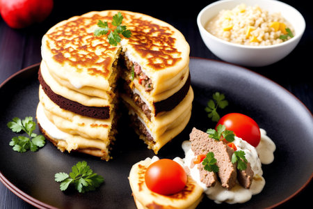 Pancakes with minced meat and vegetables on a black plate.の素材