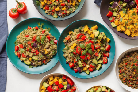 Buddha bowl with quinoa, mango, avocado, bell pepper, cucumber and tomatoes. Top view.の素材