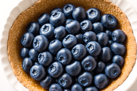 Fresh blueberries in a bowl on a white background, top viewの素材