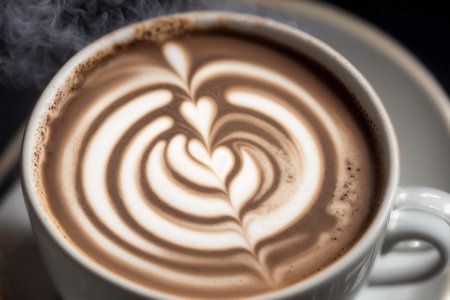 Hot chocolate in a white cup on a black background, close upの素材