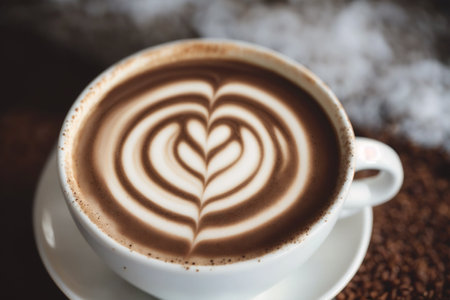 Cup of coffee with latte art on wooden table background.の素材
