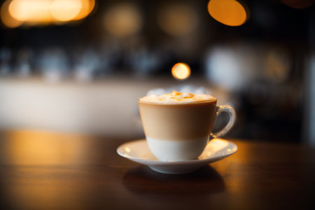 Cup of cappuccino with latte art on wooden backgroundの素材