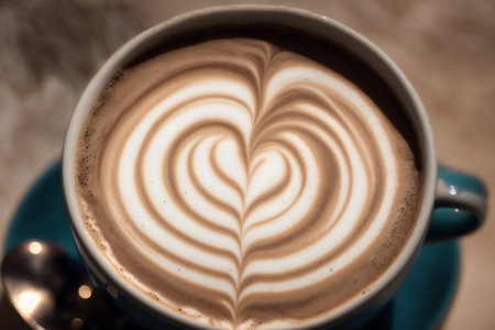 Cup of cappuccino with latte art on tableの素材