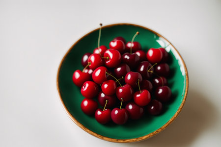 Cherries in a green plate on a white background. Selective focus.の素材