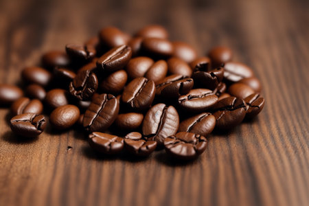 Coffee beans on wooden background, close-up shot.の素材