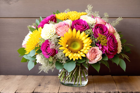 Bouquet of colorful flowers in glass vase on wooden tableの素材