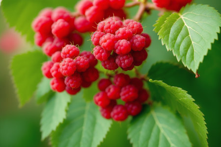 Raspberry bush with ripe berries on blurred background, close-upの素材