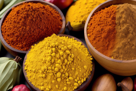 Colorful spices in wooden bowls on black background. Top view.の素材
