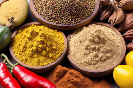 Spices and herbs in wooden bowls. Food and cuisine ingredients.の素材