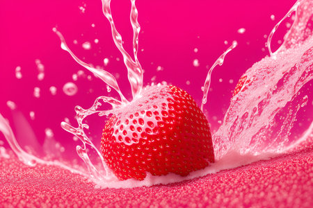 Strawberry in milk splash on pink background. 3d illustrationの素材