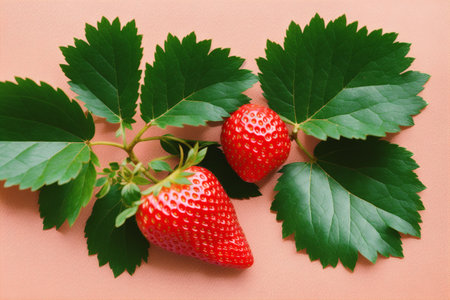 Strawberries with leaves on a pink background. Top view.の素材