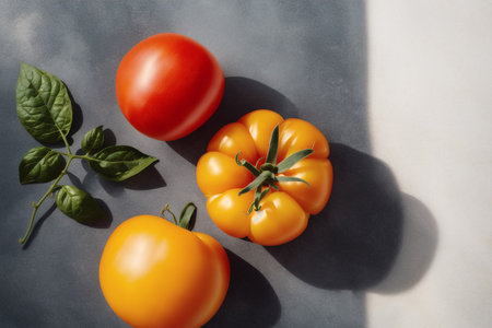 top view of ripe tomatoes and basil leaves on grey background with shadowsの素材