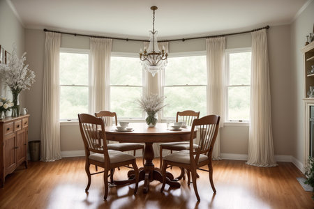 Dining room interior in luxury house. Dining room with wooden table and chairsの素材