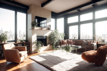 Interior of modern living room with brown sofa, armchairs and coffee table. 3d renderの素材