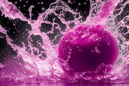 Purple apple with water splash on black background. 3d renderingの素材