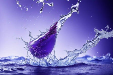 Purple water splash with drops on purple background. 3d renderingの素材