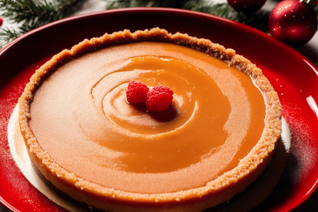 Christmas cheesecake with raspberries on red plate, closeupの素材