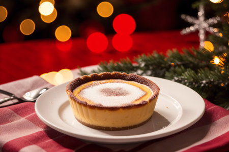 Creme Brulee with Christmas tree and bokeh background.の素材