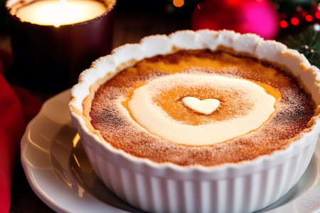 Creme Brulee with heart shape on top, Christmas background.の素材