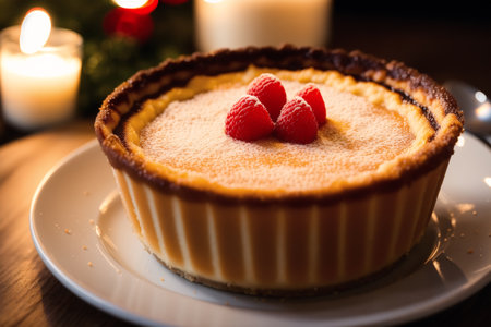 Cottage cheese tart with raspberries on a wooden table.の素材