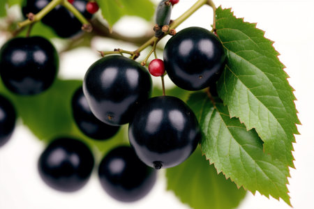 Black currant berries on a branch with leaves on a white backgroundの素材