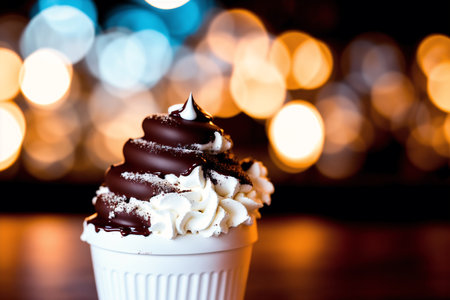 Chocolate ice cream with whipped cream in white cup on bokeh backgroundの素材