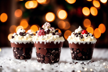 Christmas chocolate cupcakes with whipped cream and fresh berries on bokeh backgroundの素材
