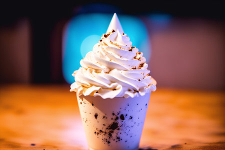 Vanilla ice cream with whipped cream and chocolate chips on top.の素材