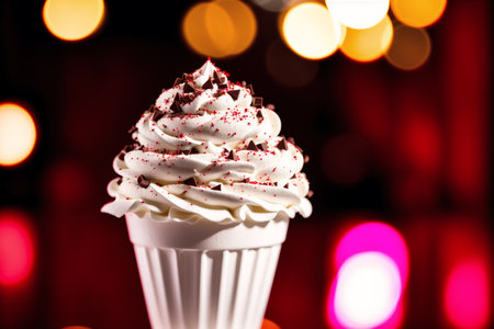 Cupcake with whipped cream on a background of bokeh lightsの素材