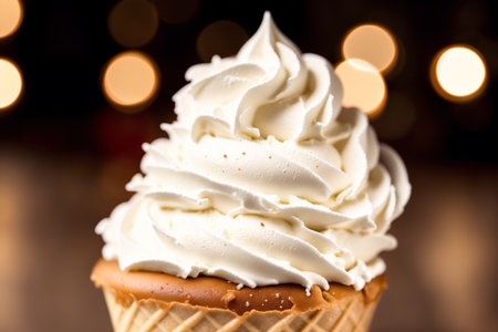 Ice cream in waffle cone with bokeh lights on backgroundの素材