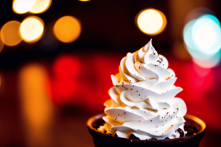 Cupcake with whipped cream on a background of bokeh lightsの素材