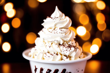 ice cream with chocolate and whipped cream on the background of Christmas lightsの素材