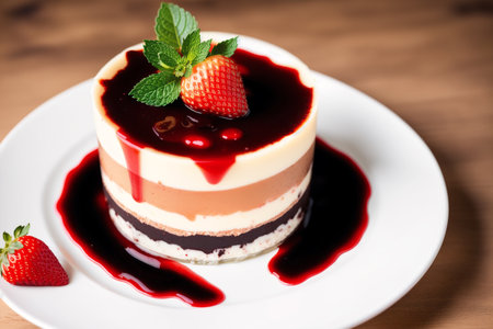 Cheesecake with berry sauce on a wooden background. Toned.の素材