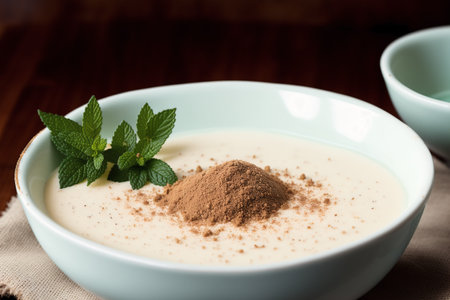 Creamy vanilla pudding garnished with cocoa powder and mint leavesの素材