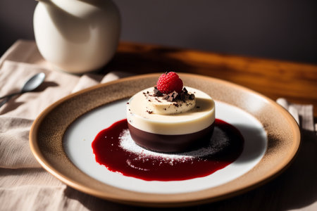 Delicious chocolate pudding with raspberry sauce on a white plate on a wooden tableの素材