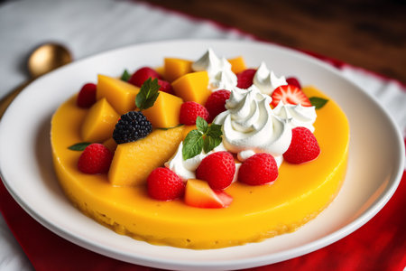 Mango cheesecake with fresh berries and whipped cream, selective focusの素材