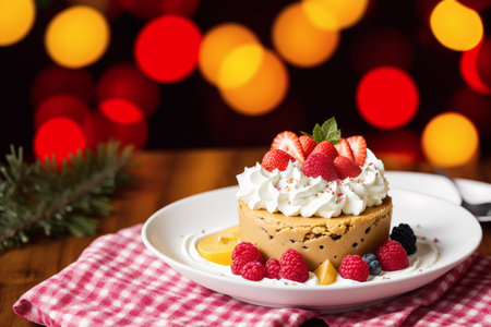 Christmas cake with whipped cream and fresh berries on a wooden table.の素材