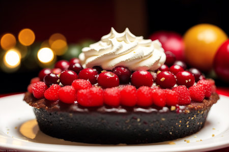 Chocolate tart with berries and whipped cream on a christmas tableの素材