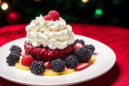 Christmas cake with berries and whipped cream on the background of the Christmas treeの素材
