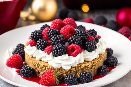 Piece of cake with whipped cream and berries on a white plateの素材