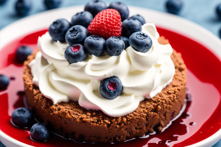 Chocolate cake with cream and fresh berries on a blue background.の素材