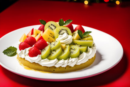 Piece of kiwi cake with whipped cream and fresh fruitsの素材