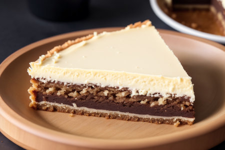 Chocolate cheesecake on wooden plate. Selective focus. Toned.の素材