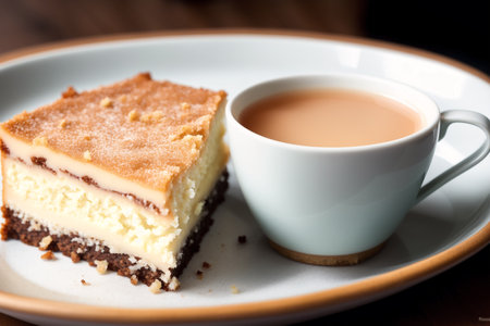 Cup of tea and piece of cake on a plate. Selective focus.の素材