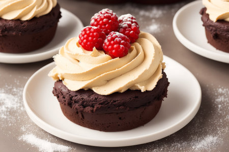 Christmas cupcakes with chocolate frosting on white plate on bokeh backgroundの素材
