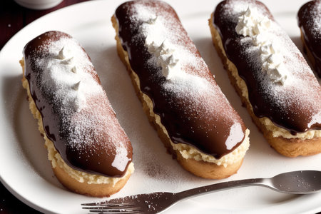 Delicious eclairs with chocolate icing on a white plate.の素材