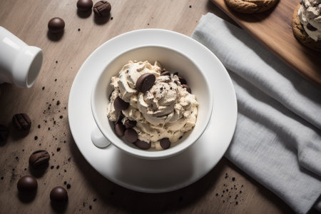 Cup of coffee with ice cream and chocolate chips on wooden tableの素材