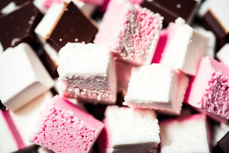 pink and white marshmallows background. sweet food concept.の素材