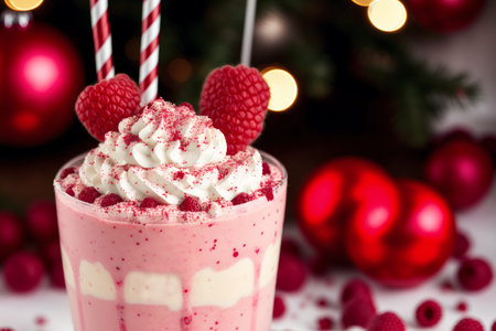 Christmas raspberry milkshake with whipped cream and fresh raspberriesの素材