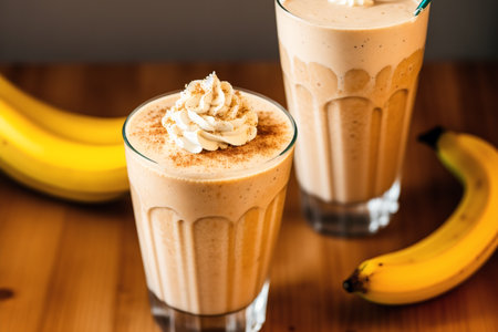 banana smoothies with whipped cream and fresh bananas on wooden tableの素材